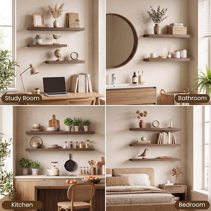 Acovy 48x8in Floating Shelves 2 Pack, Wall Mount Display Shelf, Walnut | Invisible Brackets, 35lb Sturdy MDF, 48in Long, Easy Install, For Bedroom, Bathroom, Living Room, Kitchen & Office
