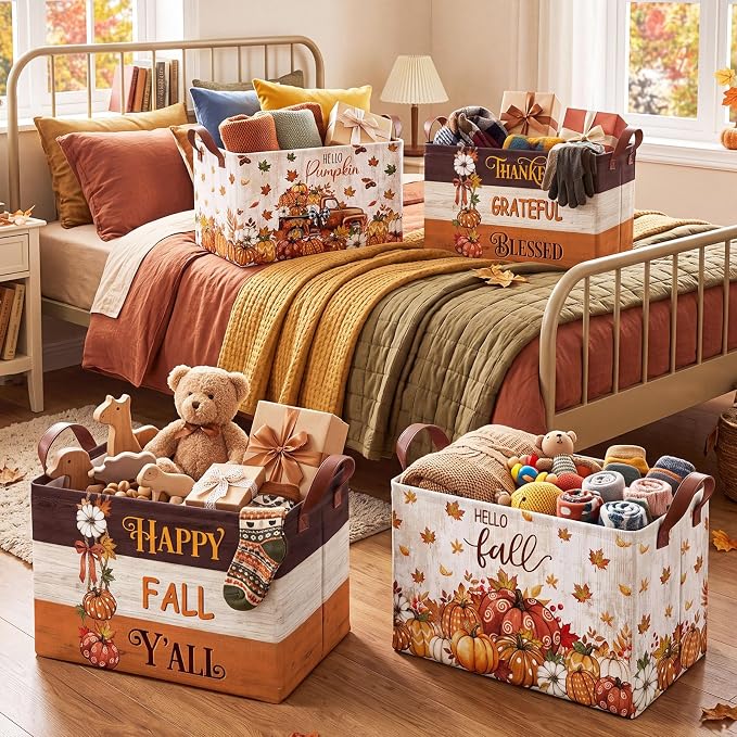 4 Pcs Fall Storage Basket for Gifts Empty with Handle, Large Fabric