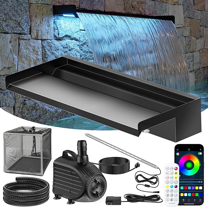 POPOSOAP Pond Waterfall Kit with Colorful LED Lights & 1200GPH Pond Pump, APP & Remote Control, Auto Timer, Pond Waterfall Spillway with 9.8FT Corrugated Tube for Pool, Garden, Patio, Backyard-P46D