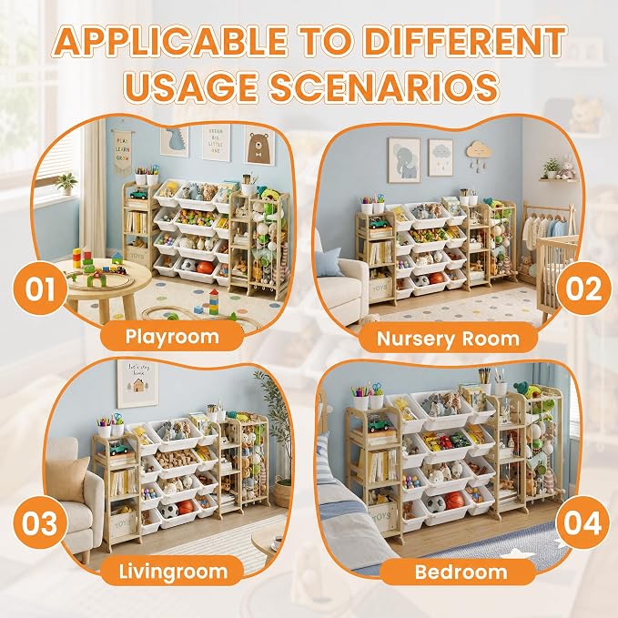 4-in-1 Toy Storage Organizer with 2 Bookshelf and Stuffed Animal Storage