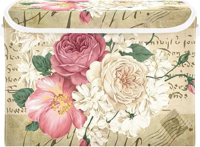 senya Flower Baskets Collapsible Storage Bins with Lids, Vintage Rose Floral Storage Boxes Clothes Baskets for Organizing
