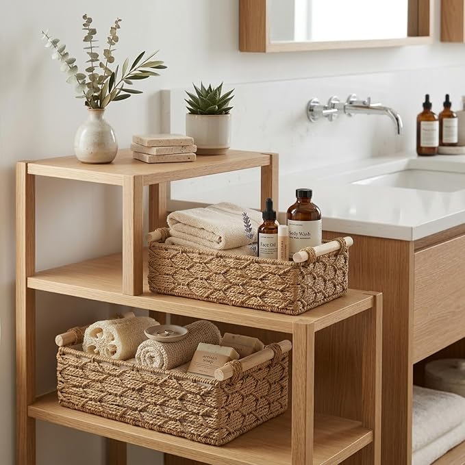 DECOMOMO Paper Rope Wicker Storage Basket, Bathroom Organizer | Back of Toilet Basket, Toilet Tank Tray, Countertop, Home Decor (Set of 2, Beige)