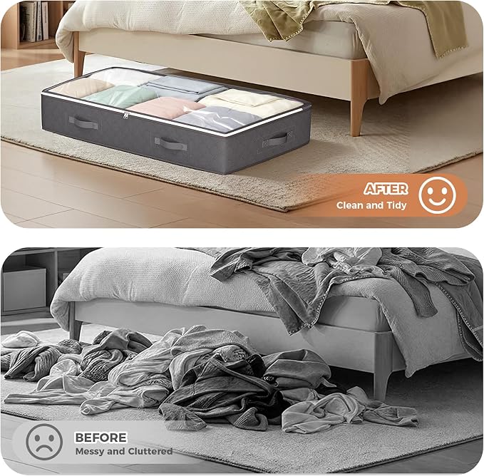 Budding Joy 95L Under Bed Storage Containers, 4 Pack Closet Organizers Grey | Foldable underbed storage bins for linen sheets, blanket, clothing, comforter, sweaters, pillows, wrapping paper