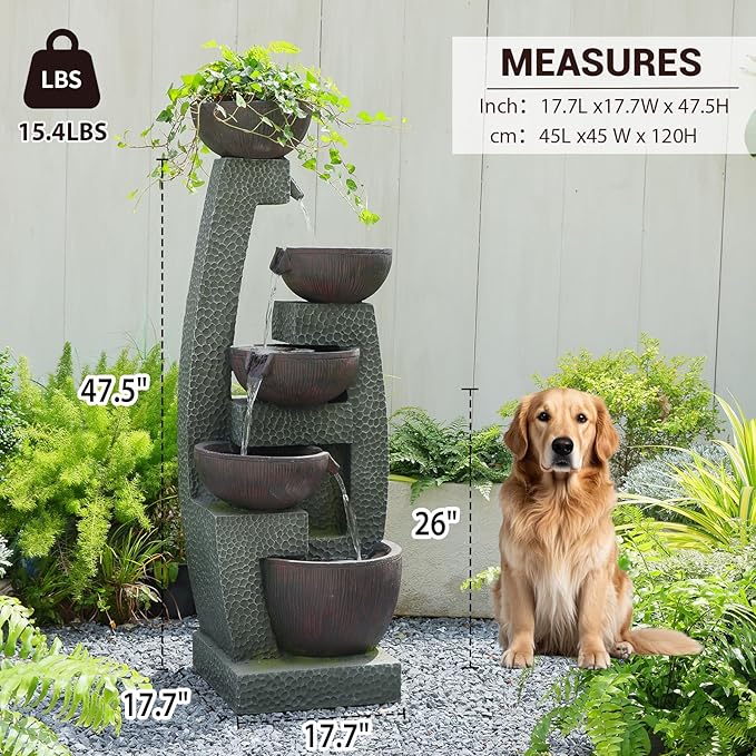 Bumilgar 47.5" H Water Fountain Outdoor with LED Lights & Pump, 5-Tier Cascading Outdoor Fountain for Garden,Patio,Porch,Backyard,Home Art Decor Gifts for Housewarming