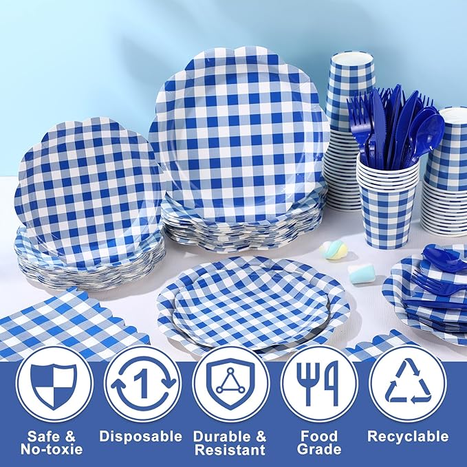 Funnymoom 400 Pcs Gingham Party Supplies for 50 Guests Dark Blue and White Paper Plates and Napkins Knives Spoon Fork Cup Disposable Checkered Dinner Party Set Cutlery for Baby Shower Wedding Favor