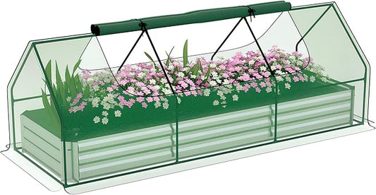 Outsunny 8.6 x 3 x 1ft Raised Garden Bed with Mini Greenhouse, Galvanized Raised Garden Bed with Cover for Herbs and Vegetables, Small Greenhouse for Patio Garden Balcony, Green and Silver