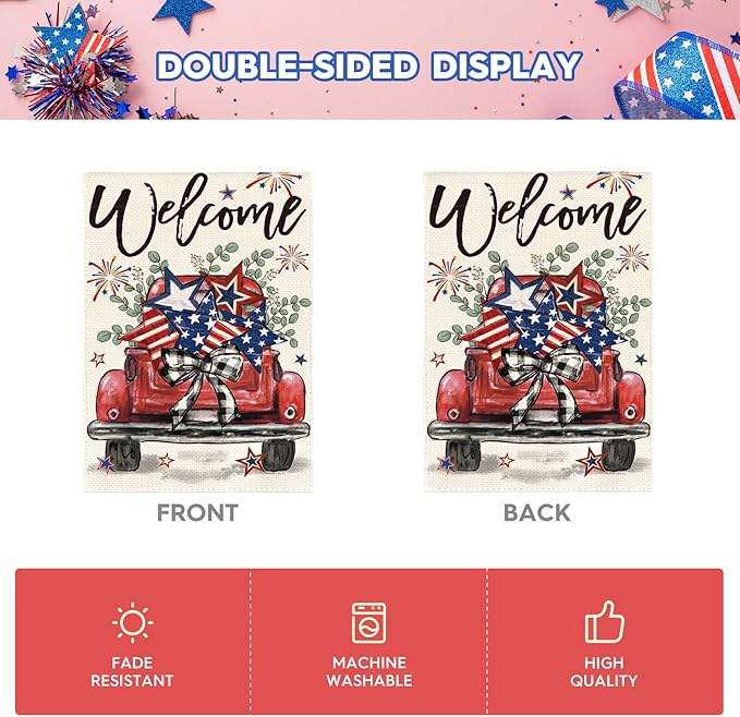 AVOIN colorlife Welcome Patriotic 4th of July Truck House Flag 28x40 Inch Double Sided, Rustic Farmhouse Yard Outdoor Decoration