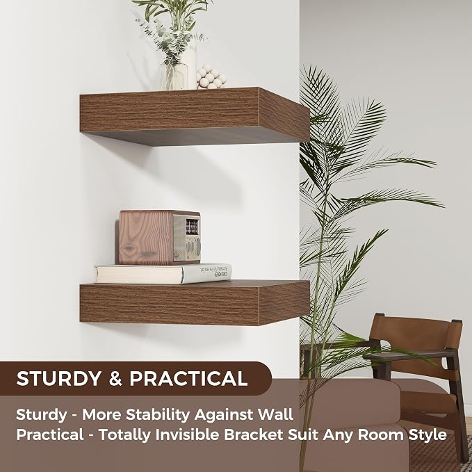 12 Inch Floating Shelves for Wall, Square Storage Shelves, Walnut Finish