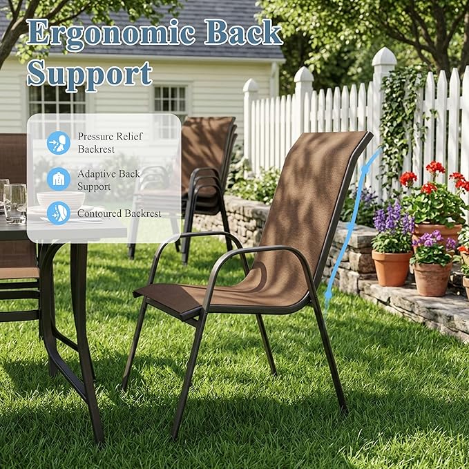 DIFY Patio Chairs Set of 4, Stackable Outdoor Dining Chairs Set with Breathable Textilene High Back and All-Weather Metal Frame for Garden, Backyard, Deck, Brwon
