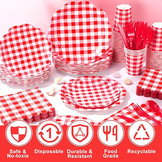 Funnymoom 400 Pcs Gingham Party Supplies for 50 Guests Red and White Paper Plates and Napkins Knives Spoon Fork Cup Disposable Checkered Dinner Party Set Cutlery for Baby Shower Wedding Favor