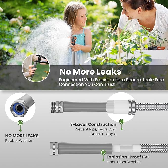 Giraffe Tools Garden Hose 50ft x 3/4", 304 Stainless Steel Metal Water Hose, No Kink Garden Water Hose with 9 Pattern Spray Nozzle, Flexible, Lightweight, Kink Free Hose for Yard, Outdoor