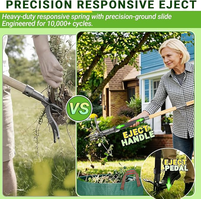 Weed Puller Tool, Heavy Duty Gardening Hand Tools with 4-Claw Steel Head & Dual-Eject Mechanism, 43.5" Bamboo Long Handle Stand Up Weeding Tool for Lawn Yard, Includes 16 Gallon Leaf Bag