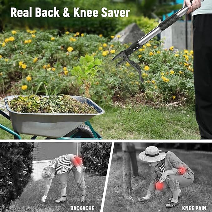 GOXAWEE Weed Puller Tool, 4-Claw Stand Up Weeder with Adjustable 46” Handle for Remove Weeds Without Bending, Pulling or Kneeling