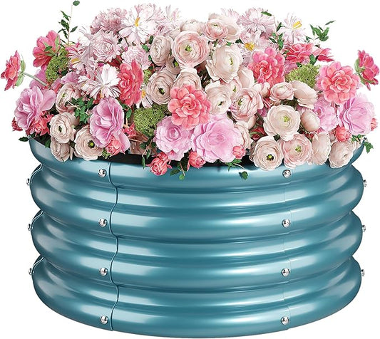 2 x 2 x 1 ft Round Raised Garden Bed, Blue 1 Pack 0.6 mm Thick Galvanized Steel Planter Box with Double Layer Paint and Safety Edge Trim for Vegetables Flowers Herbs Outdoor Garden