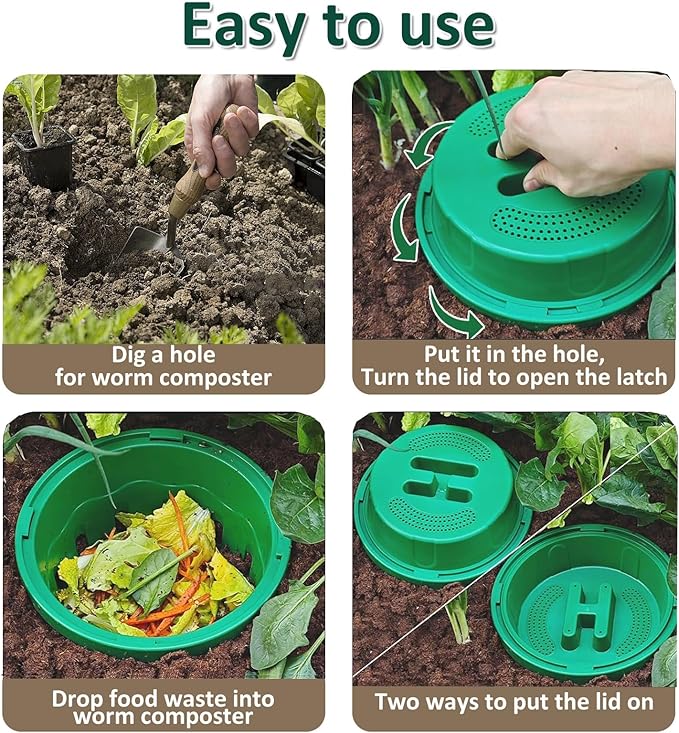 2-Pack InGround Compost Bin for Garden Beds, 8L Worm Composter Farm for Faster Composting, Worm Composter Kit with Aeration, Animal-Proof Lid for Beginners (9.5x9.5x10.8Inch) (2, Green)
