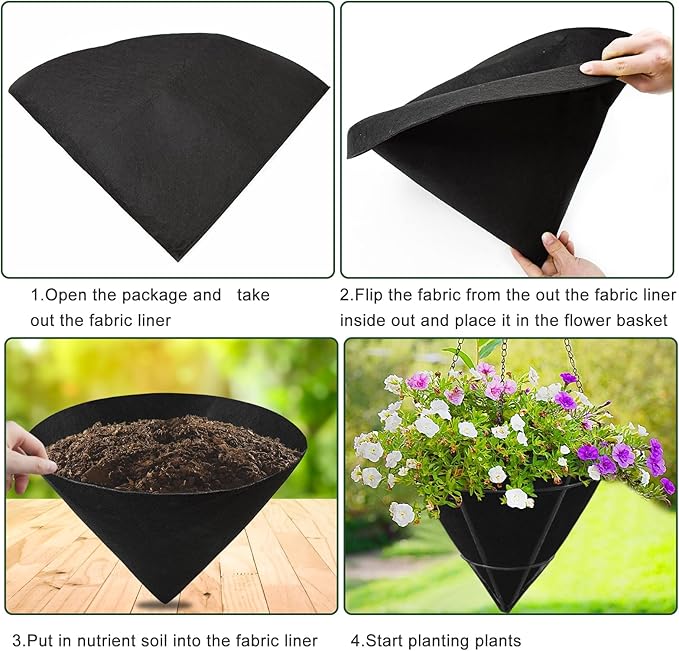 3PCS 12 Inch Cone Shaped Planter Basket Liners Fabric Hanging Plant Liners Non-Woven Planter Liners Black Felt Liners Replacement Inserts for Flower Hanging Baskets Outdoor Plants - Avoid Bird Nesting