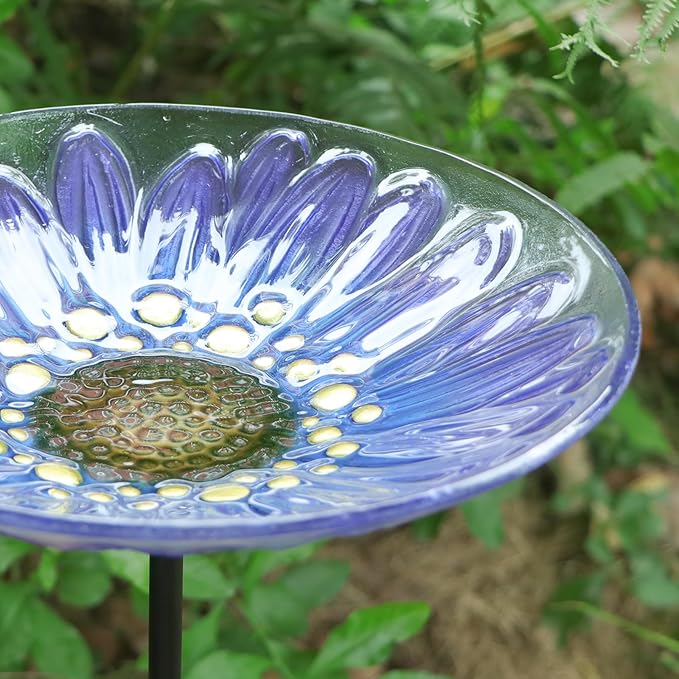 MUMTOP Bird Baths for Outdoors, Glass Bird Bath Stake, Purple Daisy Birdbaths & Support, Bee Baths for Garden, Outside, Lawn, Outdoor Decor