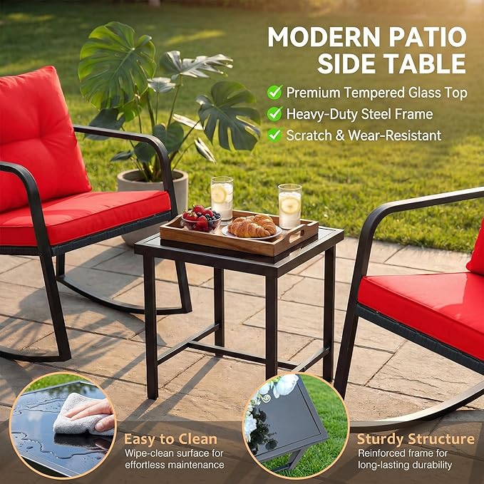 Flamaker Patio Chairs 3 Piece Wicker Rocking Chair Outdoor Bistro Sets with Coffee Table and Cushions Metal Frame Patio Furniture for Porch, Balcony, Lawn (Red)