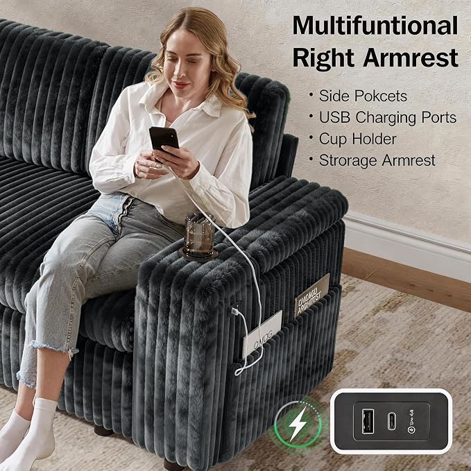 Vipbear 111" Modular Sectional Sleeper Sofa with Pull Out Bed, 7 Seat Plush Corduroy L Shaped Couch with Storage Chaise|USB Ports|Cup Holders|Side Table|Storage Armrests, Tool Free Assembly, Grey