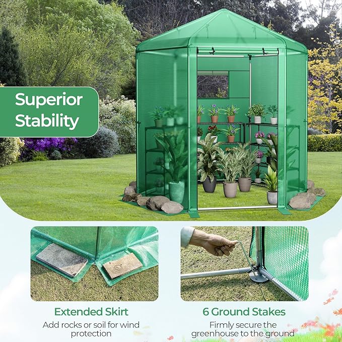 HAPPYGRILL 7 x 6 x 7.5 FT Walk-in Greenhouse, Large Outdoor Heavy Duty Greenhouse with PE Cover, Mesh Window & Roll-Up Door, Portable Greenhouses for Plant Gardening