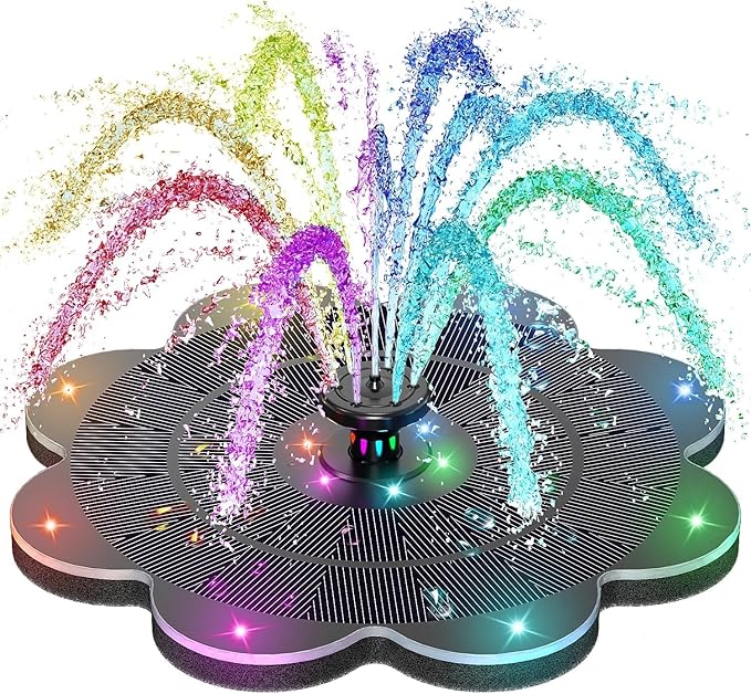 SZMP Flower Shape 3.5W Solar Powered Water Fountain with 2000mAh Battery & Colorful RGB Light Show, Anti-Drift Fixer & 7 Nozzles, Solar Fountain for Bird Bath, Garden Decor