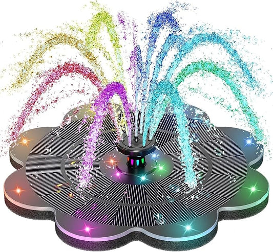 SZMP Flower Shape 3.5W Solar Powered Water Fountain with 2000mAh Battery & Colorful RGB Light Show, Anti-Drift Fixer & 7 Nozzles, Solar Fountain for Bird Bath, Garden Decor