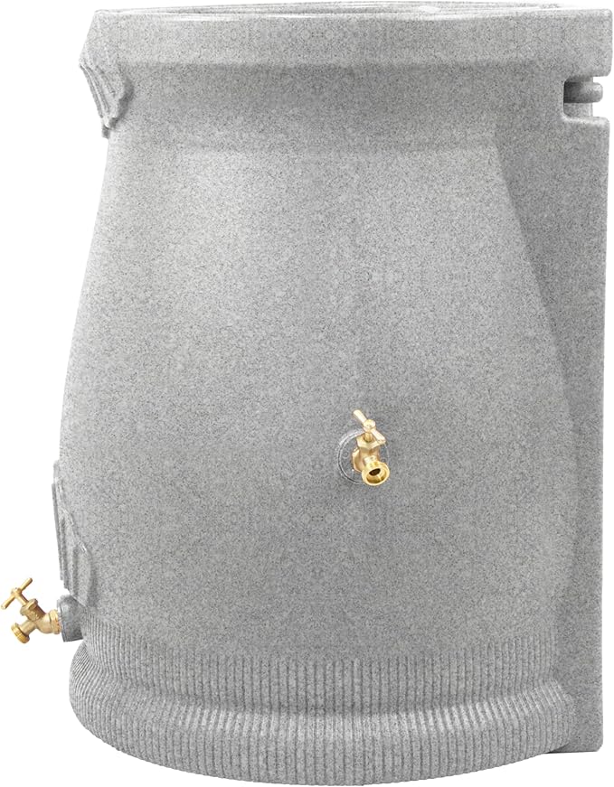 Good Ideas Rain Saver 50 Gallon Urn Shaped Water Storage Barrel with Planter and 2 Metal Spigots, Light Granite