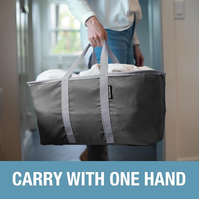 CleverMade Collapsible Laundry Tote, 50L Carry-All Tote, 2 Pack, Charcoal | Carry a Full Load with One Hand | Long Center Handles Balance 55 lb, While the Steel Rim Holds Shape and Folds Flat