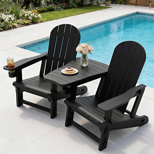 Vongrasig Adirondack Chairs Set of 2 with Removable Tabletop, Outdoor HDPE Plastic Fire Pit Chair Set with Wooden Textured, Cup Holder for Patio, Poolside, Deck, Garden, Black, 3 Pieces