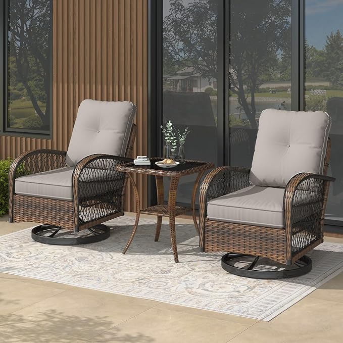MELLCOM 3 Pieces Patio Furniture Set, Outdoor Swivel Rocker Patio Chairs, Wicker Patio Bistro Set with Rocking Chair, Thickened Cushions and Glass Coffee Table for Backyard, Garden, Grey
