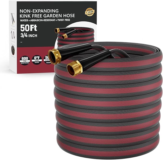 50ft Non-Expanding Garden Hose, Lightweight & Kink-Free, Flexible Heavy Duty Water Hose for Lawn, Yard, Car Washing (3/4" Solid Brass Fittings, Crush-Resistant)