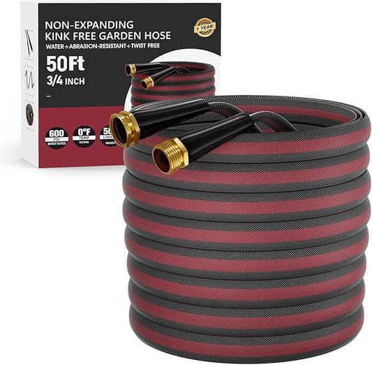 50ft Non-Expanding Garden Hose, Lightweight & Kink-Free, Flexible Heavy Duty Water Hose for Lawn, Yard, Car Washing (3/4" Solid Brass Fittings, Crush-Resistant)