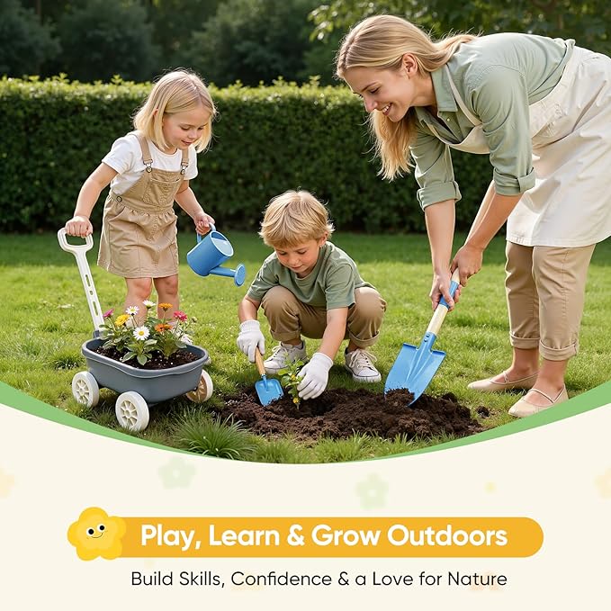 Grenebo Kids Gardening Set with Wheelbarrow, 11-Piece Outdoor Yard, Beach, STEM Garden Play Kit with Child-Sized Tools, Durable, Safe & Fun Gift Toy for Ages 2+ Kids Toddlers Boys Girls (Gray)