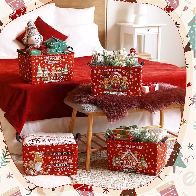 4 Pcs Gingerbread Man Christmas Basket Red Fabric Bins 15x10x8