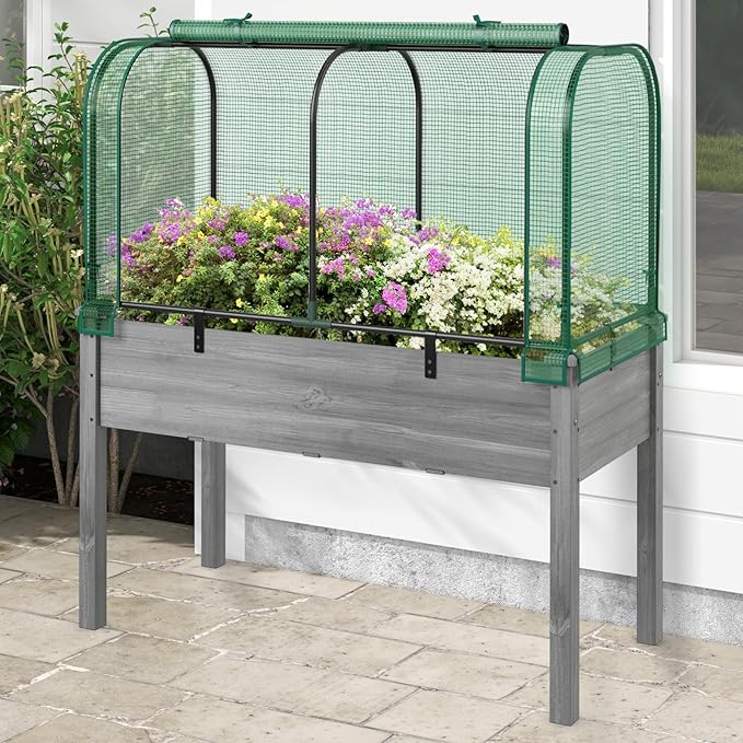 Happygrill Raised Garden Bed with Greenhouse Cover, Raised Bed with Legs & Drainage Holes for Herbs, Vegetables, Outdoor Wood Elevated Planter Box for Patio, Backyard, Balcony (Green+Grey)