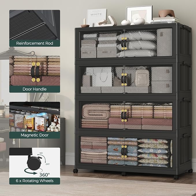 720QT Extra Large Stackable Storage Bins with Lid, 180Gal Plastic Closet Organizers and Storage Drawer, Collapsible Cabinet Box with Wheels Clear Doors for Home Kitchen Office, 3Pack Black