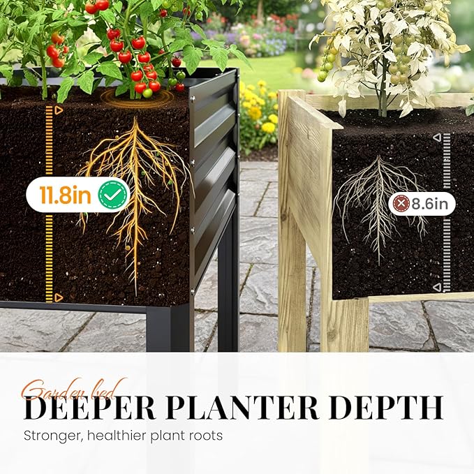 KING BIRD Large Raised Garden Bed with Legs & Storage Shelf Galvanized Elevated Planter Box for Backyard, Patio, Balcony, 600lb Capacity, Dark Grey 70.9x22.8x31.5 in