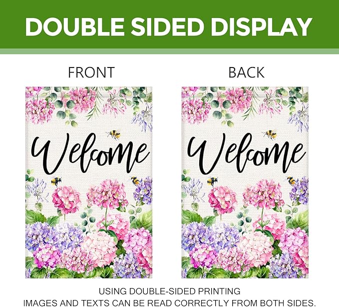 Welcome Spring Summer Garden Flag 12x18 Inch Double Sided Colorful Floral Hydrangea Bee Seasonal Small Burlap Garden Flags for Porch, Patio, Lawn, Farmhouse, Holiday Decoration