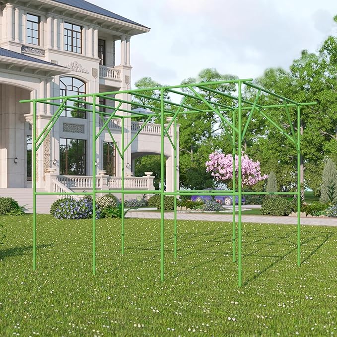 118'' L x 79'' W x 90.5'' H Large Grape Vine Support Arch Arbour Gazebo Trellis Rack Pergola Plastic-coated Metal Large Cane Frame For Vineyard Outdoor Patio Lawn Yard Garden Decoration Green