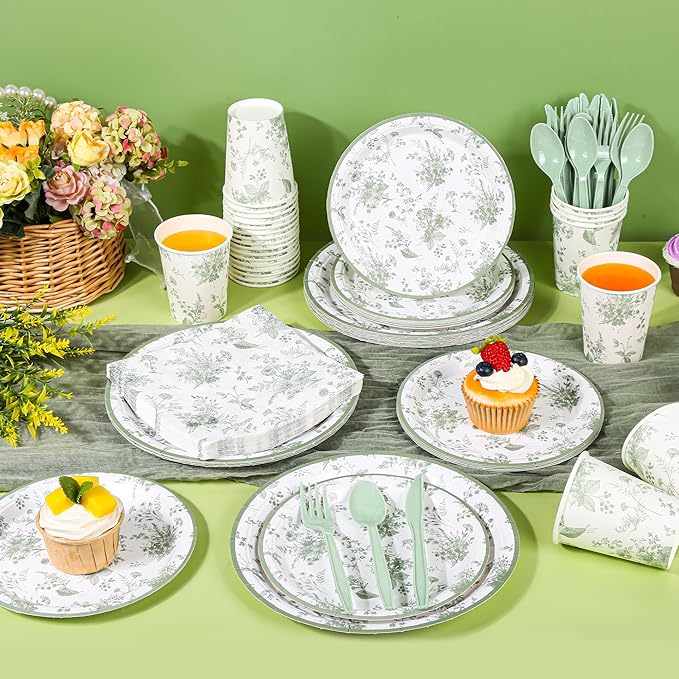 175Pcs Sage Green Floral Paper Plates and Napkins Sage White Flower Arrangements Toile Chinoiserie Party Supplies Set for Spring Summer Bridal Baby Shower Birthday Garden Tea Party