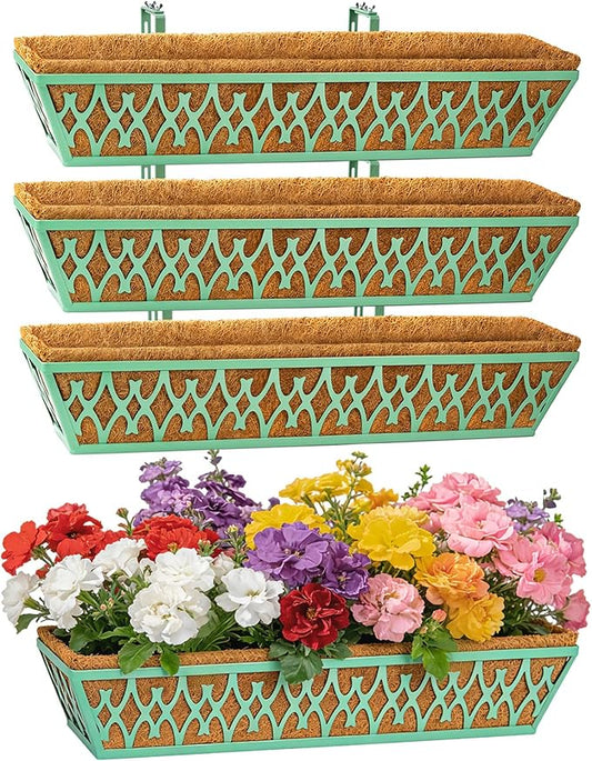 4 Pack 30 Inch Window Boxes Planters Railing Planter Box with Adjustable Brackets for Porch Fence Patio Balcony Hanging Flower Baskets with Coco Liners for Outdoor Garden Decor - Green