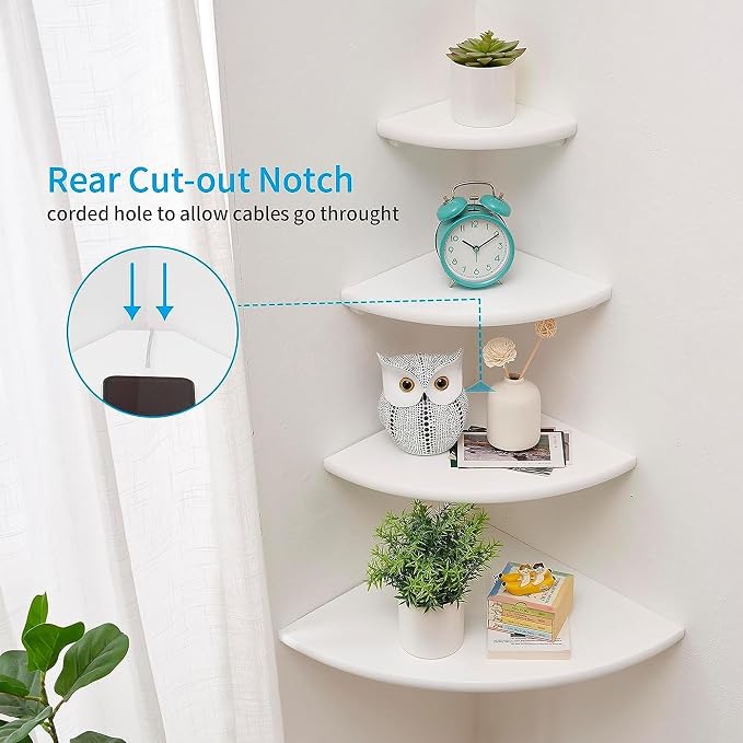 Corner Shelves, Floating Corner Shelf, Set of 2 White Solid Oak Wood Wall Shelves, Round End Wall Mount with Wire Hole Shelving for Small Plant for Bedroom Kitchen, Living Room 8.7"