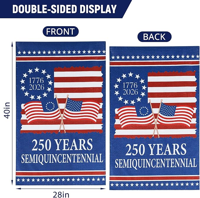250 Anniversary USA Flag - 4th of July Decorations - 28x40 Inch Patriotic Garden Flag, Double Sided American Flag for Independence Day 1776-2026 250th USA Birthday Yard Porch Lawn Outdoor Decor