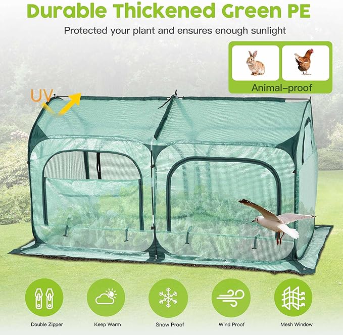 Pop up Greenhouse Tent Cover Tunnel Plant House,Large Gardening Flower Sunshine Room with Mesh Windows,Backyard PE Cover for Cold Frost Protector with Stakes and Rope Guys (Medium Size)