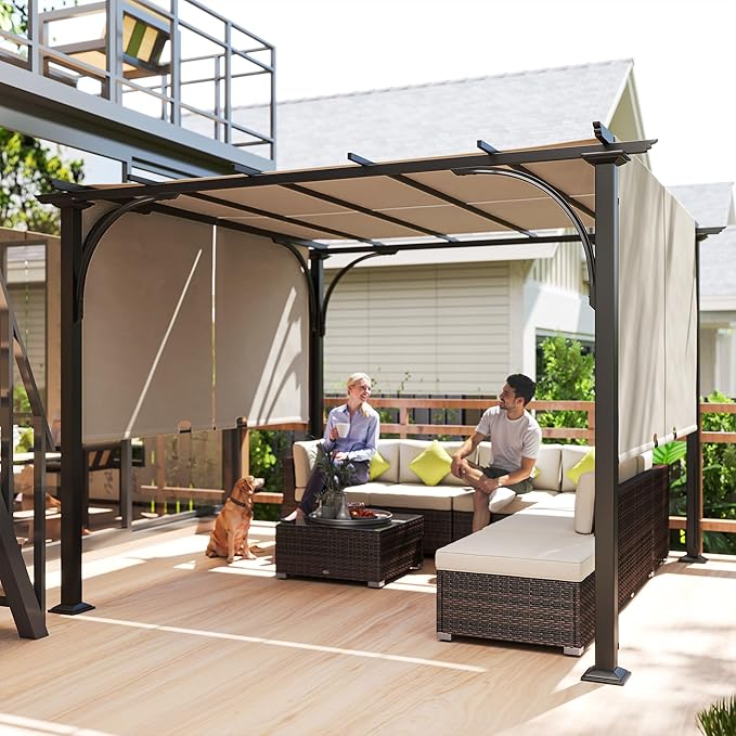 Outsunny 10' x 10' Patio Pergola with Weather-Resistant Steel Frame, Backyard Sun Shade Canopy Cover Shelter for Porch Party, Garden, Grill Gazebo, Beige