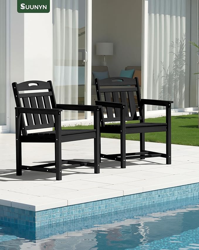 Patio Chairs, HDPE Outdoor Dining Chairs with Wide Seat, All Weather Oversized Porch Chair for Garden, Backyard, Deck - Black