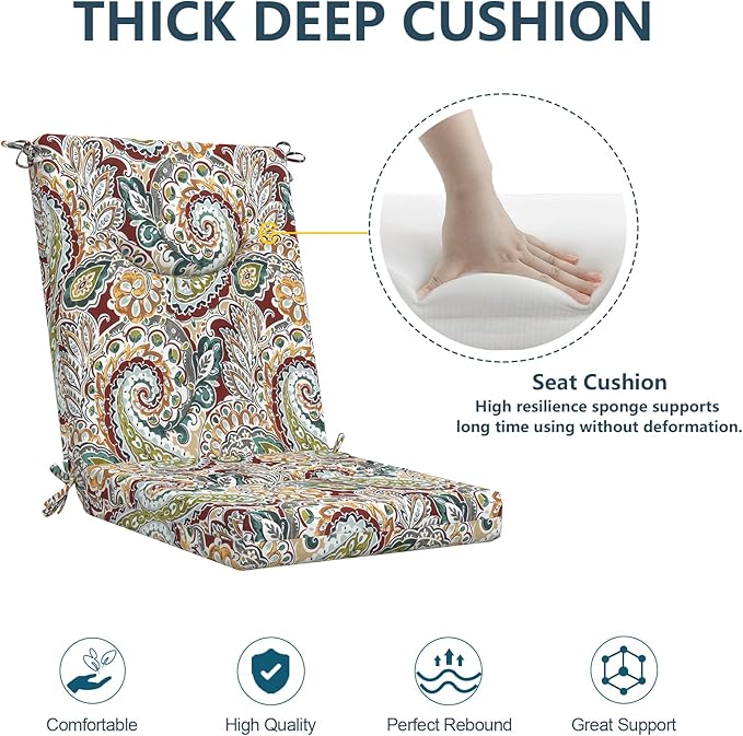 DYTXIII Outdoor High Back Chair Cushions Set of 2, 44x20 in Water Repellent Patio Seat Cushions with Elastic Sponge, All Weather Cushions for Rocking, Dining Chairs, Patio Furniture - Paisley Chilli