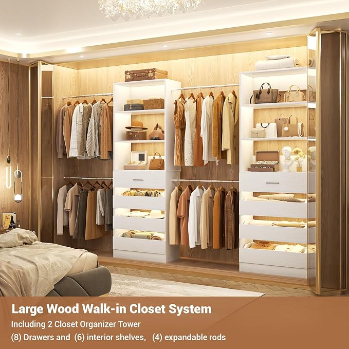 Aheaplus Closet System, 6-15Ft Closet Organizer with 8 Wooden Drawers,White