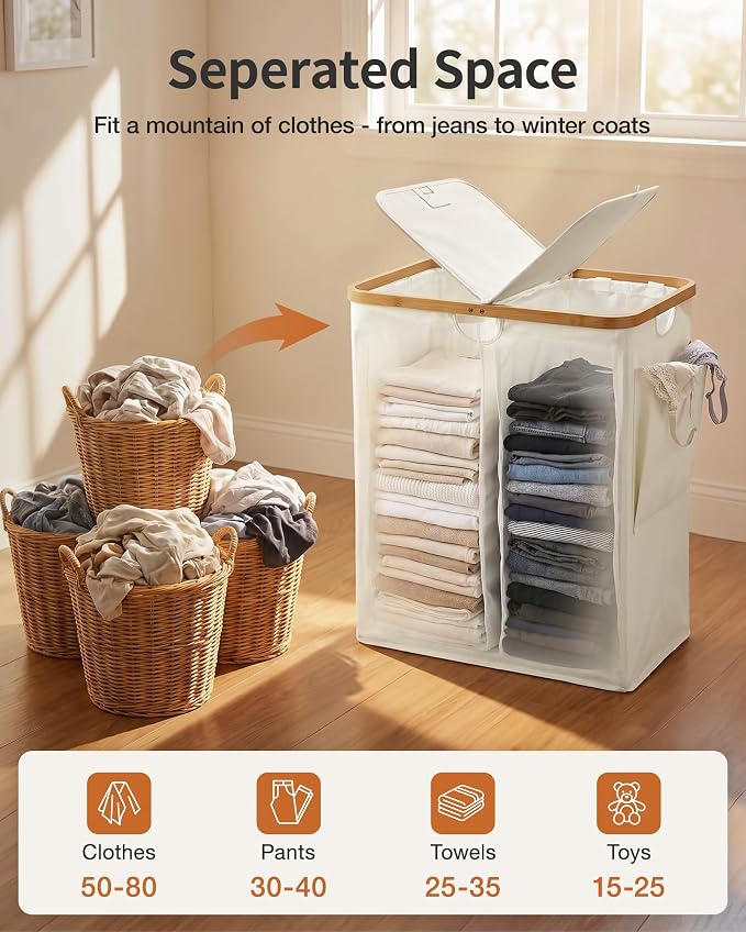 MIZATTO 2 Section Laundry Hamper with Lid, 140L Dirty Clothes Hamper | Double Laundry Basket with Bamboo Handles for Laundry Room, Bathroom, Bedroom, Clothes Hamper Dual Laundry Bin