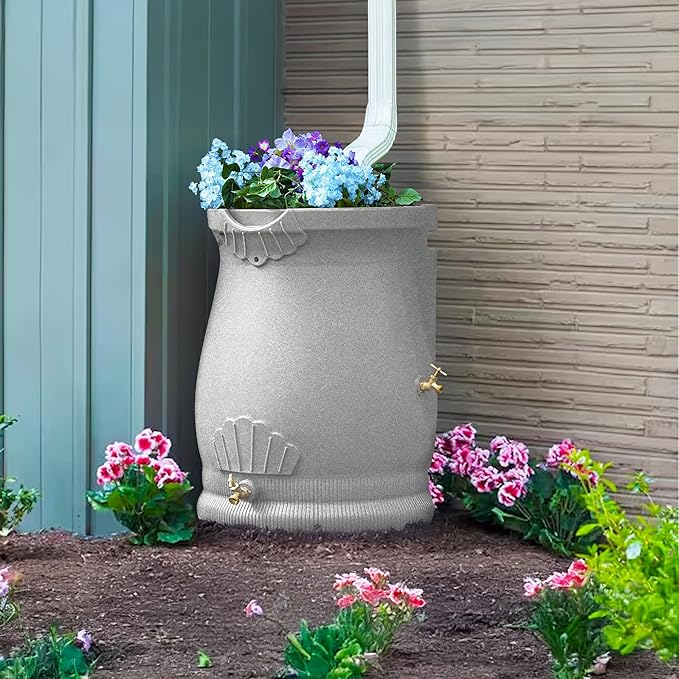 Good Ideas Rain Wizard 50 Gallon Rain Saver Barrel Water Storage Urn with Planter Space and 2 Brass Spigots, Light Granite (4 Pack)